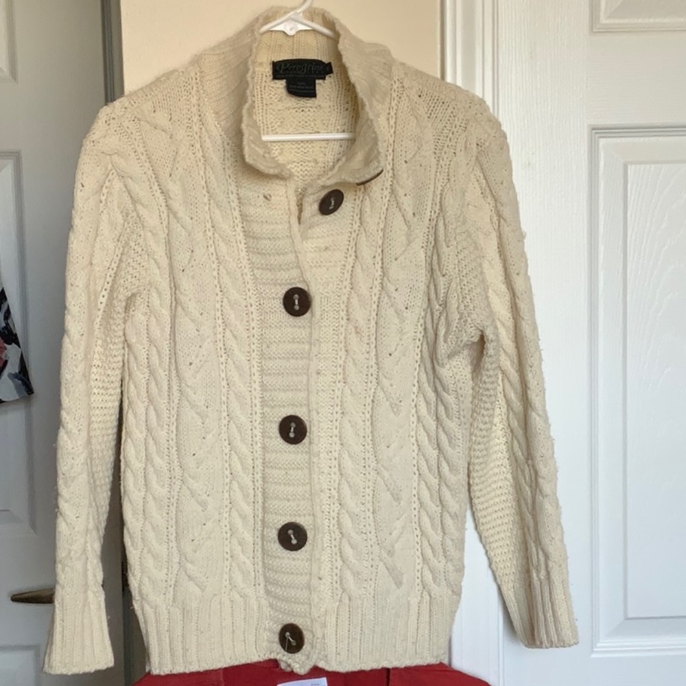 Peregrine England Cable Knit Pure New Wool Fisherman’s Ivory Cardigan Sweater